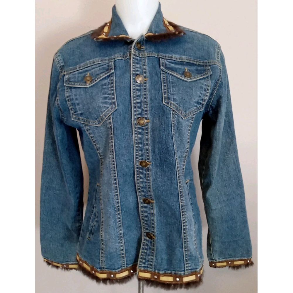 Bami-Bam Women Brown Suede Band Furry Fringe Trim Denim Jacket Size M